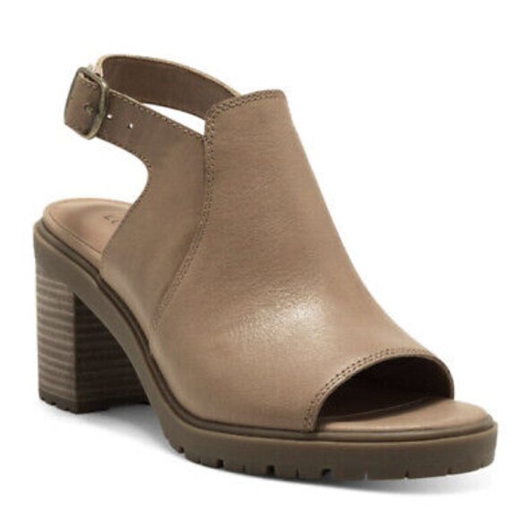 Lucky Brand Deylin Leather Lug Sole Sandal Peep Toe Sling Back Stacked Heel - Picture 1 of 4